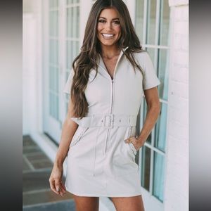 Faux Leather Zip Up Belted Dress